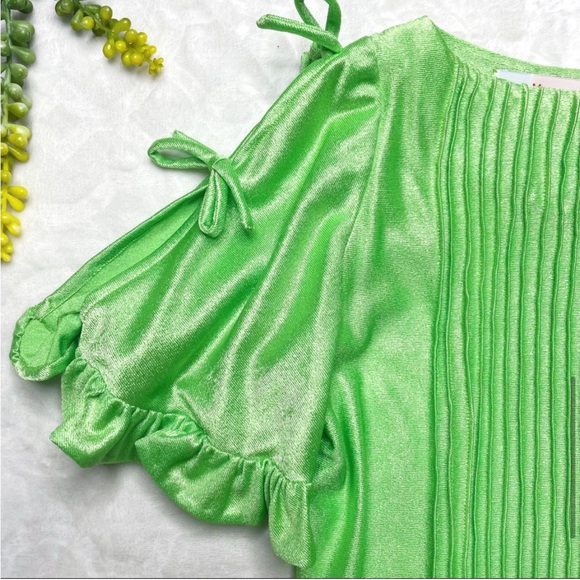 Vintage 1970s 70s Handmade Neon Green Pintucked Short Sleeve Qiana Maxi Dress - Picture 16 of 16